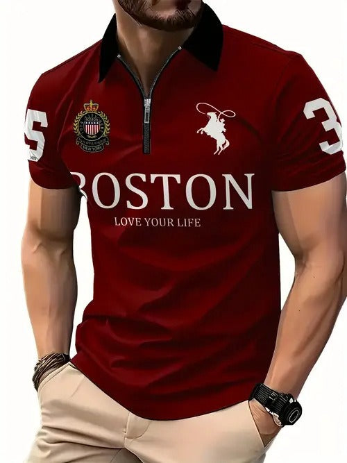 Men's 3D Digital Print Zip-Up Polo Shirt -