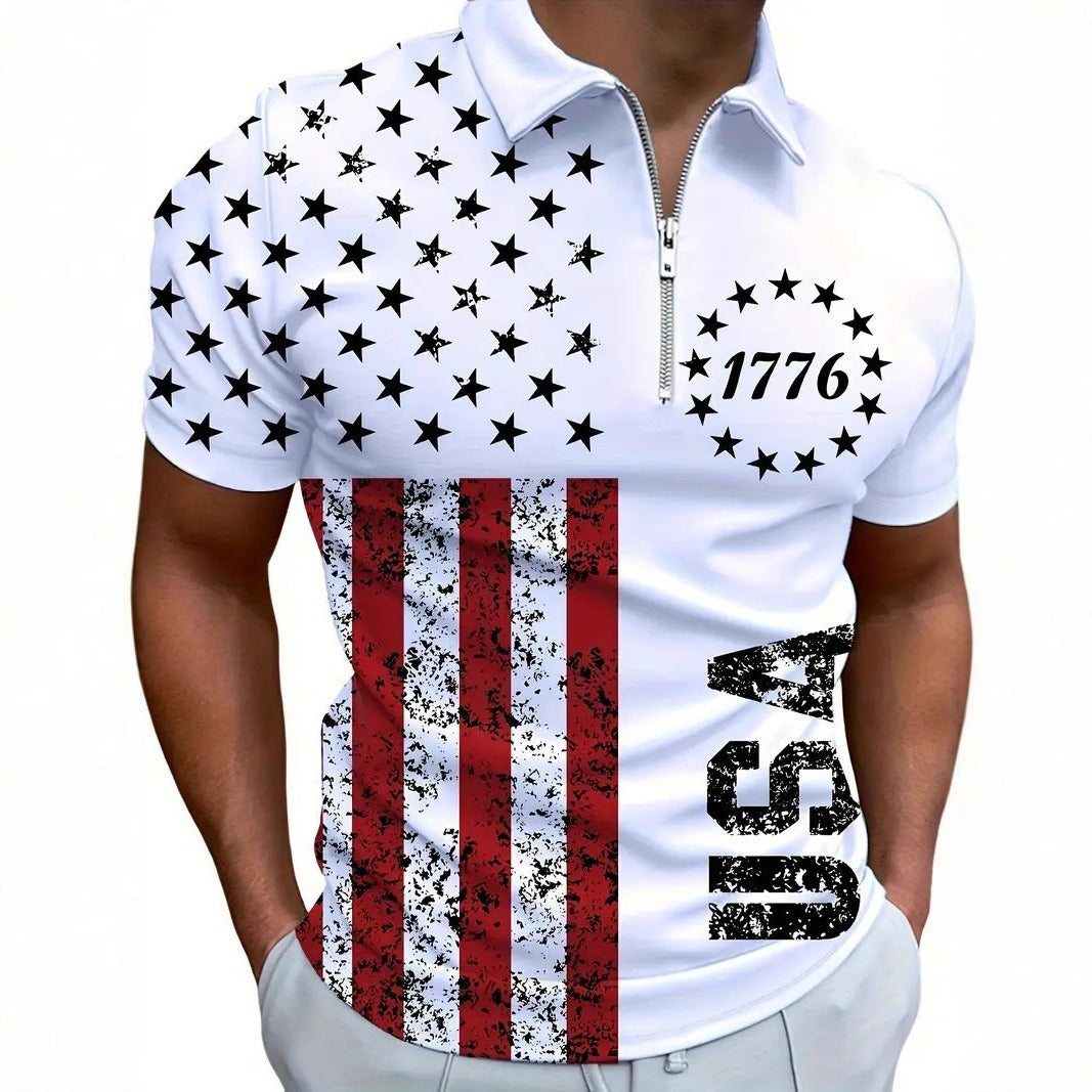 Men's 3D Digital Print Zip-Up Polo Shirt - Image26755191734366