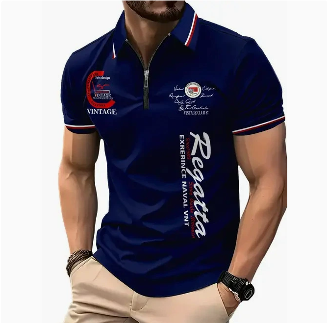 Men's 3D Digital Print Zip-Up Polo Shirt - 