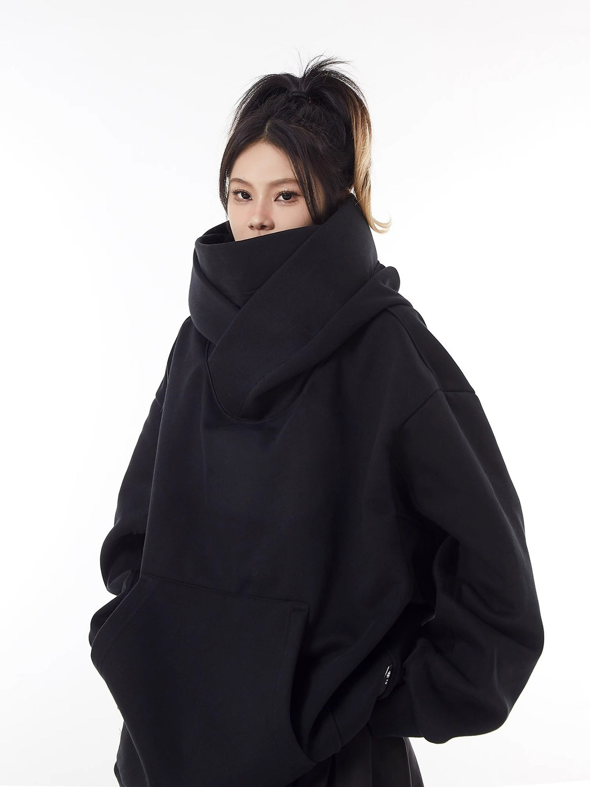 Loose High Collar Fleece Lined Hoodie - Image26755306815582